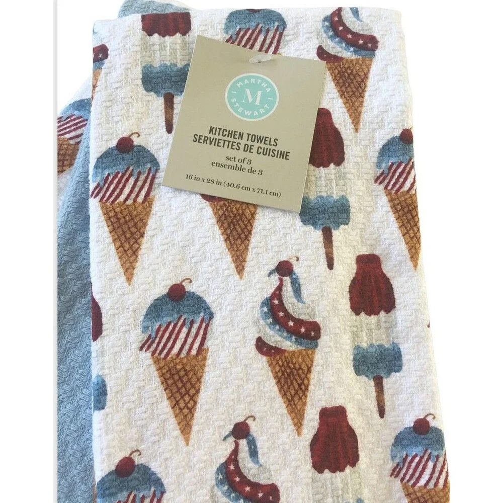 Martha Stewart Kitchen Dish Towels 4th Of July Red White Blue Ice Cream Set Of 3